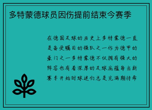 多特蒙德球员因伤提前结束今赛季