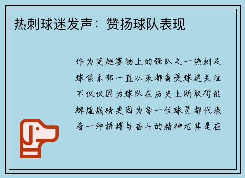 热刺球迷发声：赞扬球队表现