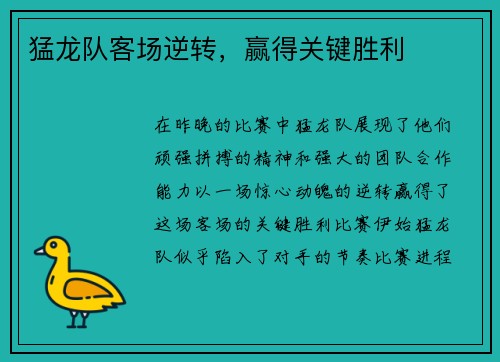 猛龙队客场逆转，赢得关键胜利
