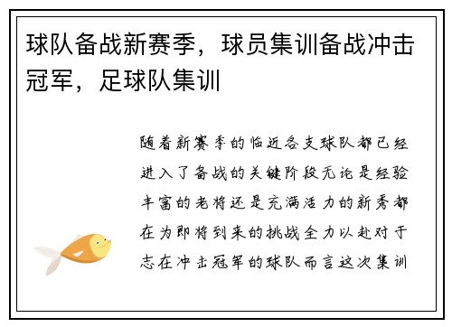 球队备战新赛季，球员集训备战冲击冠军，足球队集训